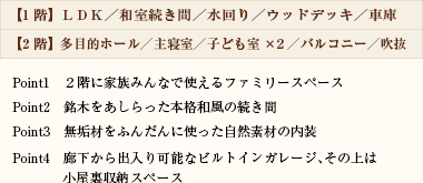 ･１階＝ＬＤＫ＋タタミコーナー、水回り･２階＝ファミリースペース、主寝室、子ども室、バルコニー･勝手口兼納戸からすぐにキッチンへ続く機能的な間取り